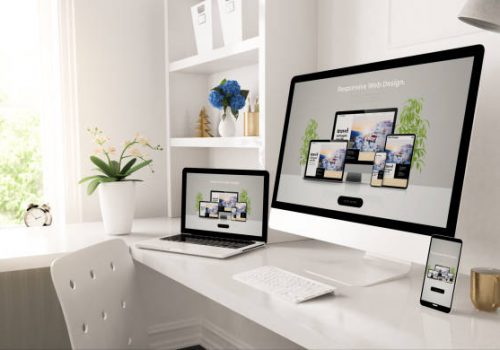 responsive devices on home desktop showing web design website 3d rendering